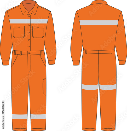 Men's orange workwear coverall design, reflective safety jumpsuit, durable protective uniform, long sleeve industrial work suit, utility pockets, functional work clothing, high visibility apparel