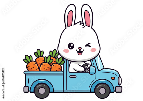 Adorable cartoon rabbit winking while driving a blue pickup truck. A happy animal character on a joyful journey delivering a fresh harvest of carrots