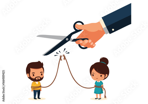 Conceptual illustration of a relationship breakup, where a large hand with scissors cuts the rope tying a couple together, symbolizing divorce and separation
