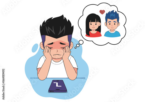 Young Man Lost in Thought, Dreaming of Love and Companionship, Holding a Digital Device with a Blush on His Cheeks