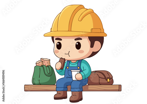 A charming cartoon illustration of a cute construction worker boy in a yellow hard hat taking a well-deserved lunch break on a wooden beam