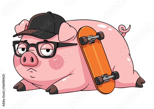An illustrated depiction of a cool pig, sporting a cap, eyeglasses, and skateboard, embodying a relaxed, laid-back vibe, perfect for playful designs