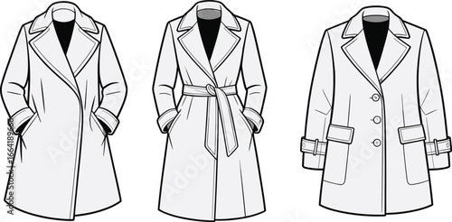 Women's coat fashion flat sketches, winter outerwear collection, trench coat, belted coat, buttoned jacket, casual stylish coat, wardrobe essentials, warm clothing illustration