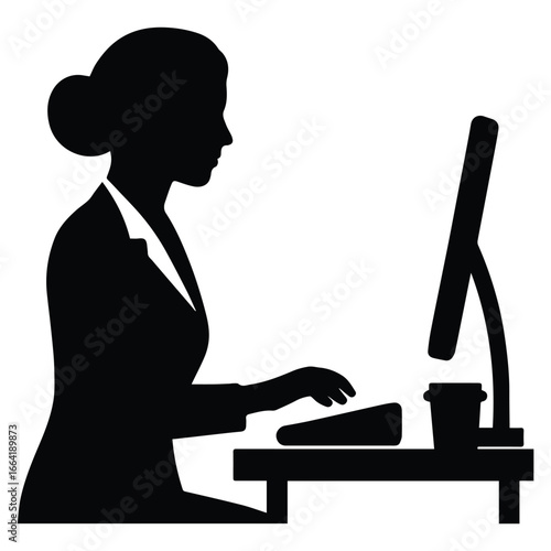Silhouette of a professional woman working diligently on a computer at her desk isolated on white background