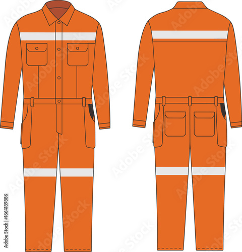 Men's industrial workwear coverall design, safety jumpsuit with reflective stripes, durable orange protective uniform, long sleeve work suit, utility pockets, functional work clothing apparel