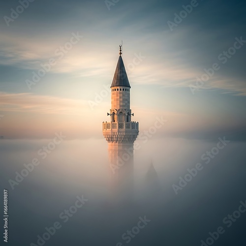 Mosque tower in a sea of mist