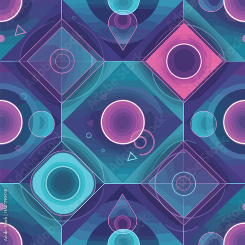 Seamless Pattern, Abstract geometric pattern with circles, squares, and triangles in purple and teal hues Stock royalty free image.