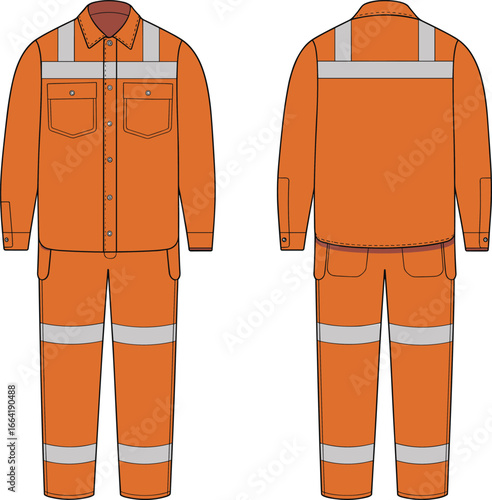 Industrial workwear uniform design, safety orange reflective jacket and pants, high visibility clothing, protective gear flat sketch, construction outfit, safety apparel illustration