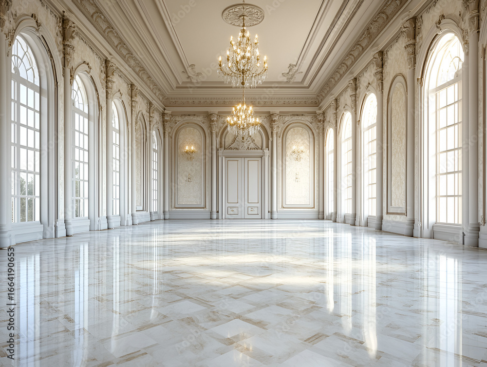 Obraz premium Elegant Grand Ballroom with Large Arched Windows and Crystal Chandeliers in Classic Style