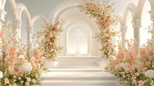 Elegant church interior with white arches, soft pink floral arrangement, glowing cross, and steps creating serene atmosphere for wedding ceremony filled with romance and peace