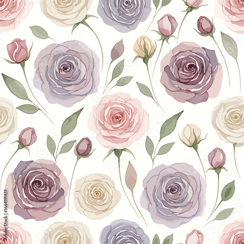 Seamless Pattern, Elegant floral pattern featuring pastel roses and buds on a white background Stock royalty free  image.