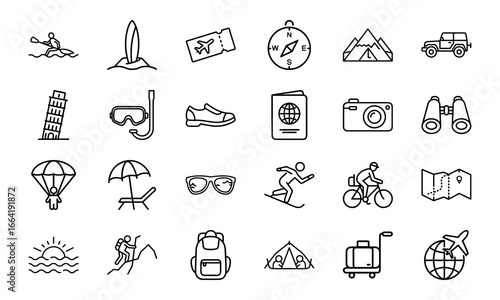 Travel and Adventure Line Icons Set – Tourism, Vacation, Hiking, Camping, Airplane Ticket, Luggage, Backpack, Mountain Climbing, Surfing, Cycling, Snorkeling, Summer Holiday and Outdoor Exploration Ve