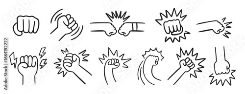  fist and fight related doodle hand drawn icon set. Outline drawing fist and fight related line clipart symbol collection