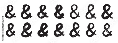 Ampersand bold letter mark ink brush grunge style set. Ampersand punctuation mark for lettering, social media, logo. Hand drawn icons isolated on white background