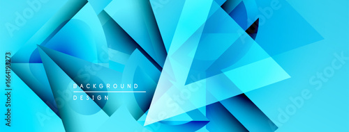 Abstract geometric shapes, vibrant blue hues, modern design. Background features layered triangles, creating dynamic visual effect.