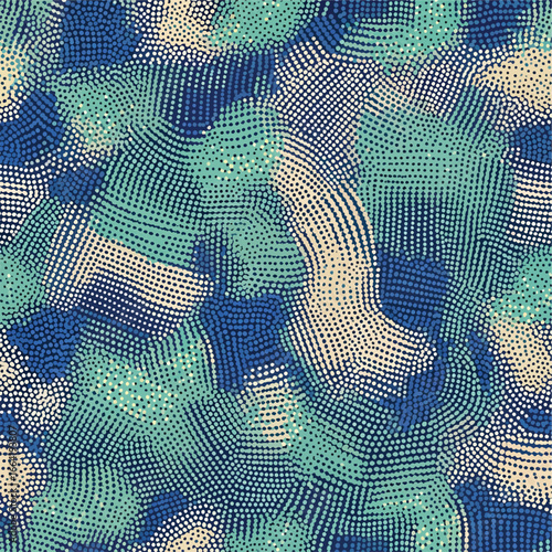 Seamless Pattern, Abstract halftone pattern with curved lines in shades of blue, green, and beige Stock royalty free.