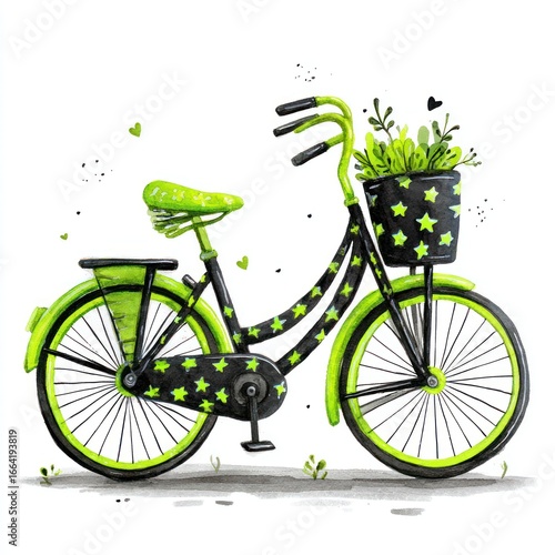 Cute, stylized bicycle with a black basket filled with greenery.  Bright lime green accents