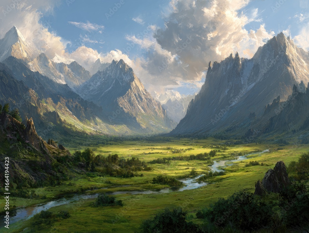 Obraz premium A vast valley, framed by towering peaks