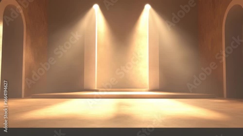 Wallpaper Mural Ancient stone room with arched doorways and warm sunlight beams shining through tall windows creating peaceful mystical atmosphere empty spacious room with textured walls and dramatic spotlight beams Torontodigital.ca