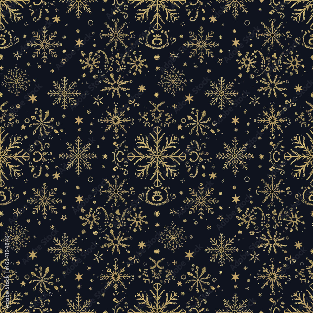 Seamless Pattern, Elegant holiday pattern with golden snowflakes and stars on dark blue background Stock royalty free  image.