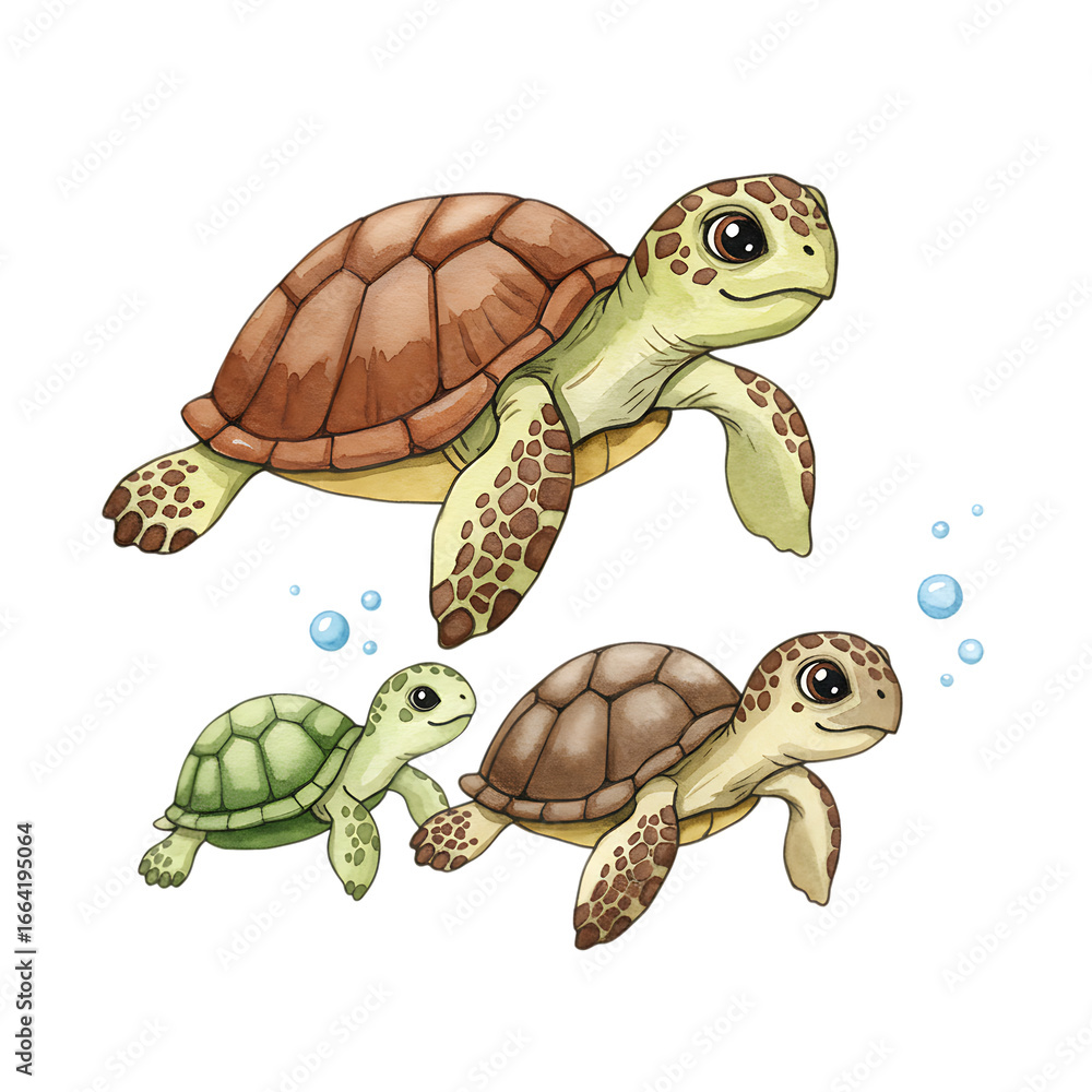 Obraz premium Watercolor Sea Turtle Mom and Baby – Cute Ocean Animal Illustration for Posters, Cards, Wall Art & Decoration