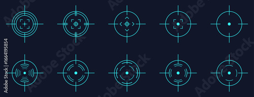 Collection of modern blue digital crosshair target icons. Futuristic sniper reticle designs for weapon sights, shooting games, military optics, HUD interface, army aim focus and navigation graphics.