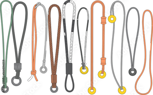 Collection of lanyard strap vector set with rope loops, braided cords, plastic and metal ends for keychains, ID holders, and accessories design