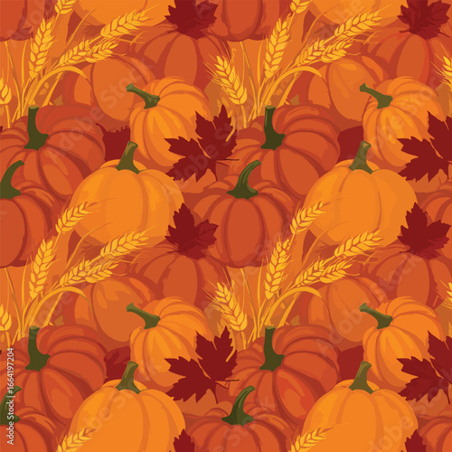 Seamless Pattern, Fall harvest seamless pattern with pumpkins wheat and autumn leaves background Stock royalty free  image.