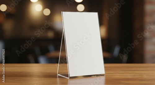 A blank menu holder sits on a wooden table with blurred café backdrop