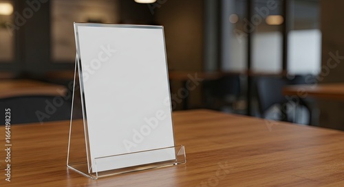 A blank menu stand on a wooden restaurant table ready for content