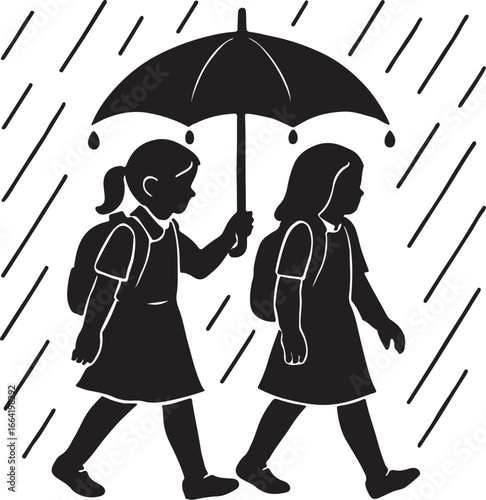 Two friends and two girlfriends are going to school under the same umbrella on a rainy day.