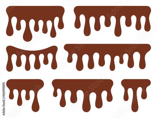 A set of vector illustrations of dripping chocolate, drops of melted glaze, caramel, brown paint, or dirt, isolated on a transparent background for graphic design. For creating seamless borders