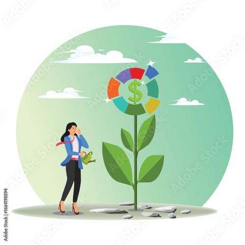 Investment growth concept. Businesswoman watering grow plant of investing portfolio pie chart.