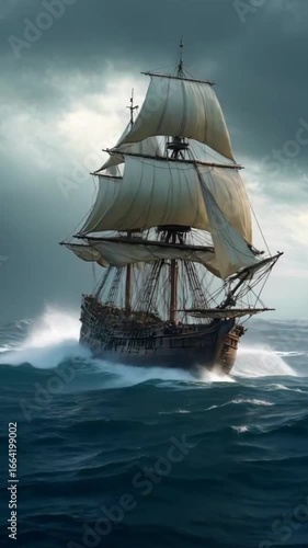 Ship Battling Storm in Rough Sea with Lightning | Vertical AI Stock Video