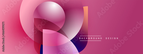 Abstract pink background features overlapping dynamic shapes. Gradient colors create modern visual effect. Simple design elements present.
