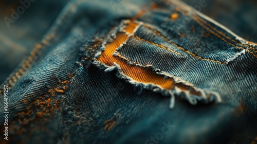 Distressed denim jeans, featuring a rough tear, soft threads, and faint stitchwork around the edges.