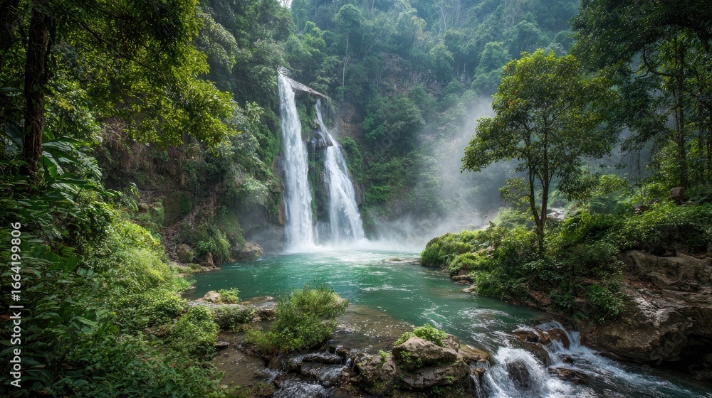 Fototapeta premium Lush waterfall cascading into a serene pool nestled in a dense jungle