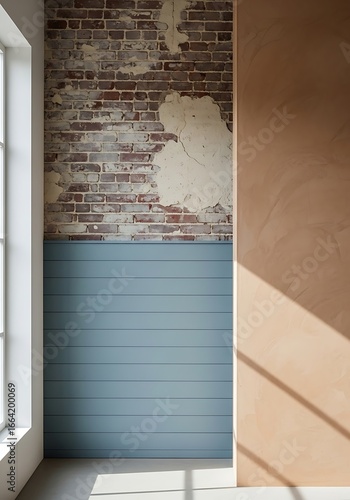 Rustic Interior Wall with Exposed Brick and Blue Paneling.
