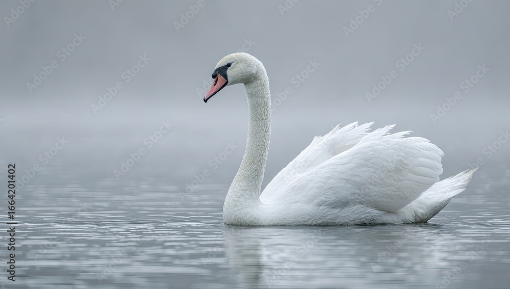 Elegant white swan on a misty lake (1) Elegant white swan on a misty lake (1)