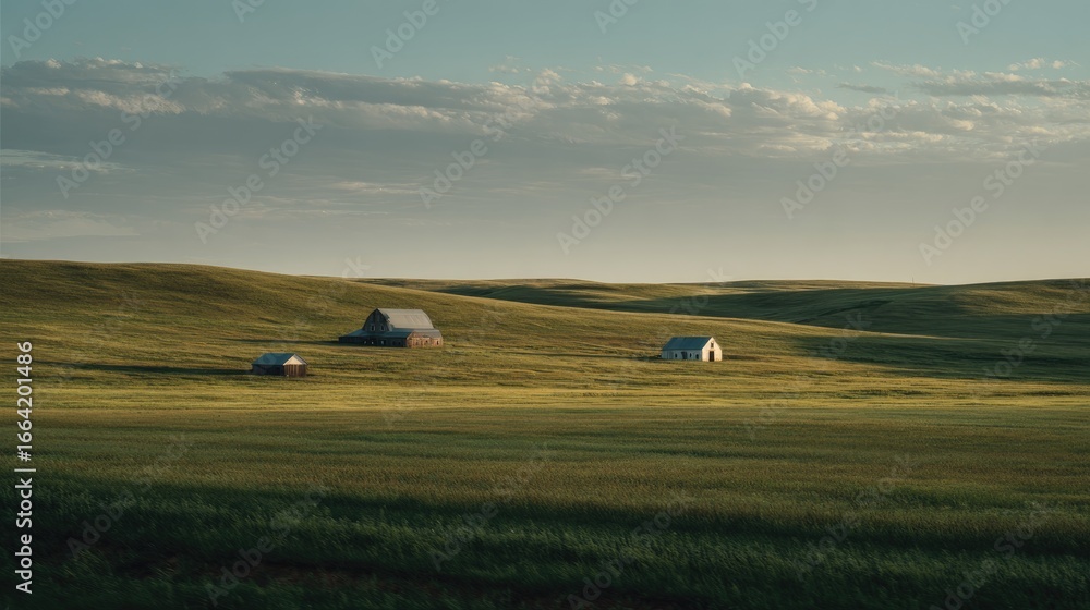 Obraz premium Rolling hills, rustic barns, golden light