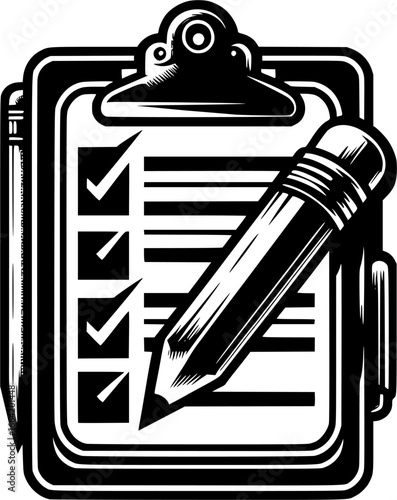 Checklist Completion: A detailed grayscale rendering showcases a clipboard with a checklist, pencils symbolizing order, accuracy, and meticulousness in task management.