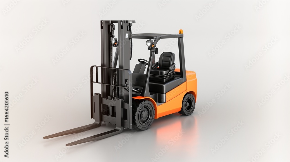 Fototapeta premium A bright orange forklift truck with black accents on a white background in a studio setting