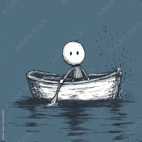 Vector cartoon stick figure drawing conceptual illustration of frustrated man or businessman sitting in rowing boat and watching the water squirting inside with resignation