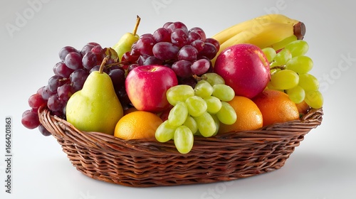 A colorful basket of fresh and ripe organic fruits including apples, grapes, pears, and peaches, all isolated on white