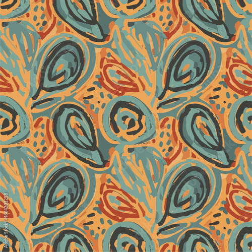 Seamless Pattern, Artistic abstract seamless pattern with brush strokes in orange and teal hues Stock royalty free image.