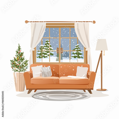 Cozy Living Room Scene with a Snowing Window View and Decorated Christmas Tree Creating a Warm Winter Ambiance