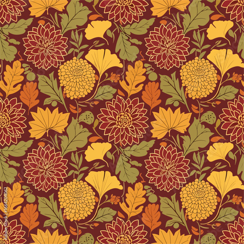 Seamless Pattern, Autumn floral pattern with chrysanthemums, ginkgo leaves, and oak foliage in warm colors Stock royalty free.