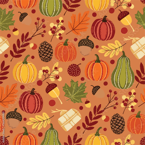Seamless Pattern, Autumn harvest pattern featuring pumpkins, acorns, leaves and berries in warm earthy tones Stock royalty free.