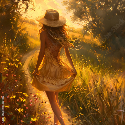 Young Woman Wearing Sun Hat Flowing Dress Walking Through Sunlit Meadow in Warm Sunset Light