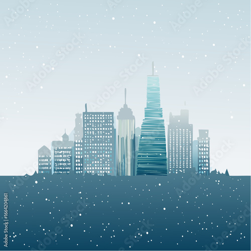 Stylized Illustration of a City Skyline Silhouetted Against a Snowy Winter Sky with Falling Snowflakes